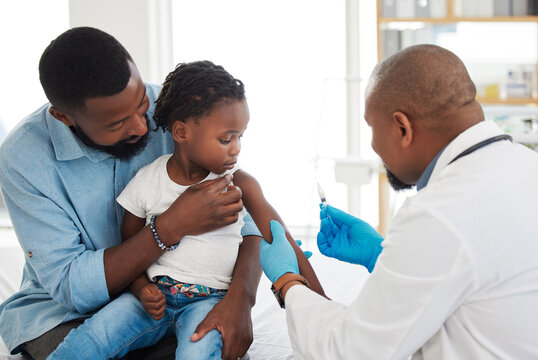 Healthcare, Covid Vaccine And Doctor With Kid, Patient And Father Holding Baby For Shot In Hospital. Girl, Children And Family Clinic Medical Nurse With Needle For Virus And Flu.