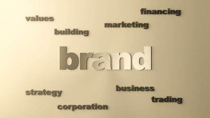 BRAND word golden concept. Development, promotion and brand management. 3D render.