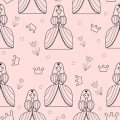 Seamless pattern princess in doodle style on a pink background
