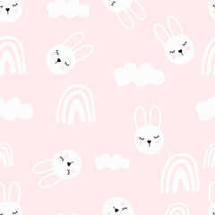 Seamless pattern cute hand-drawn rabbit on a pink background