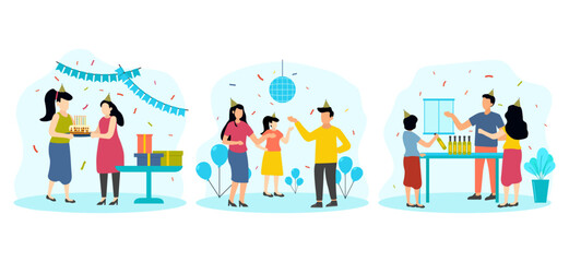 Birthday Party with Family Scene Flat Bundle Design