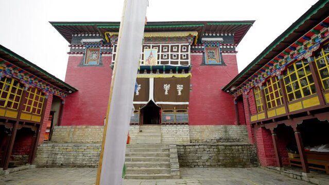 Tengboche Monastery in Nepal courtyard of colourful monastery in the Himalayas of Nepal. Filmed in 60fps optioned to be slowed down.