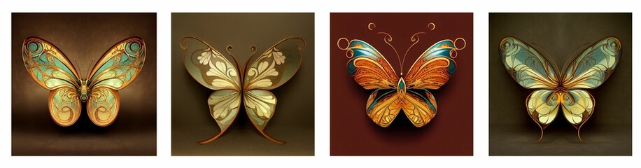 an elegant collection of art nouveau butterflies in pastel colours on brown background, Generative AI