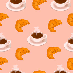 Seamless pattern  with a cup of coffee and croissant on a pink background.  Can be used in typography.