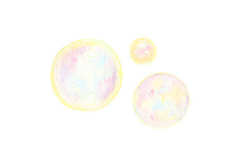 イラスト素材：手描きの水彩絵の具のシャボン玉　暖色系カラフルカラー（透過背景）