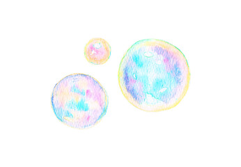 イラスト素材：手描きの水彩絵の具のシャボン玉　寒色系カラフルカラー（透過背景）