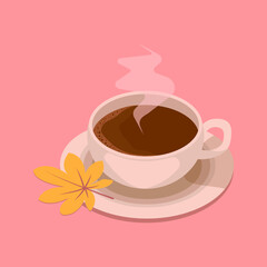 Autumn illustration with a cup of coffee and leaves on a pink background. Can be used as a postcard, poster, in typography for restaurant, cafeteria, coffee shop.