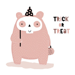Halloween Vector Card with Funny Bear an a Skull Mask. Trick or Treat. Cute Bear in Party Hat Holding Bag for Treats. Lovely Hand Drawn Halloween Illustration ideal for Card, Poster, invitation. 
