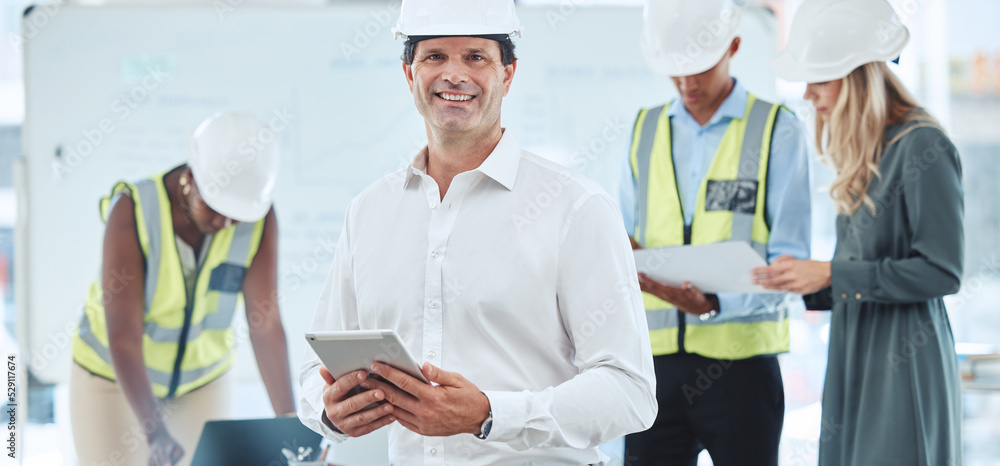 Poster Architect, engineer and designer working on tablet, planning construction building job on mobile app and home renovation with workers at work. Portrait of happy manager and boss in architecture