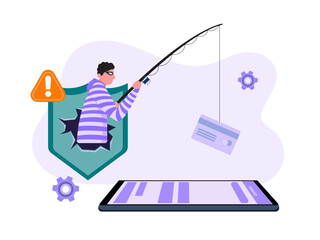 Flat illustration. Hacker identity theft concept. Crime, spam, spyware that unlocks computer security. can access the account code.