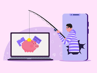 Flat illustration. Hacker identity theft concept. Crime, spam, spyware that unlocks computer security. can access the account code.