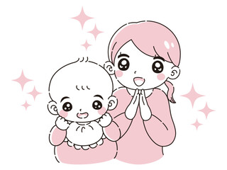 ときめく笑顔の赤ちゃんと女性のイラスト