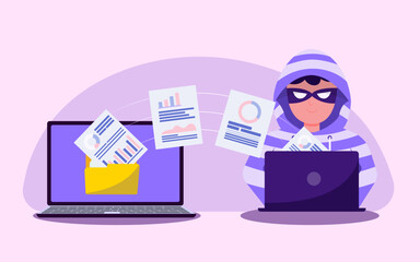 Flat illustration. Hacker identity theft concept. Crime, spam, spyware that unlocks computer security. can access the account code.