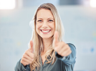 Thumbs up, motivation or yes and a happy business woman with a smile in the office. Thank you,...