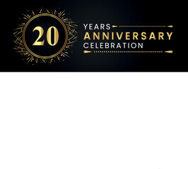 20 years anniversary celebration with gold fireworks and circle frames on black background. Premium design for weddings, greetings card, happy birthday, poster, graduation, invitation card, banner.