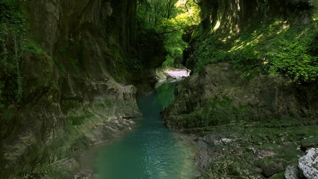 Fly Away At Natural Landmark Of Martvili Canyon In The Republic Of Georgia. Aerial Pullback Shot