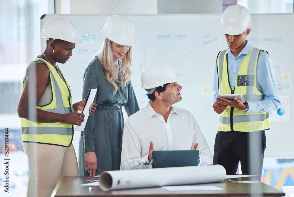 Aufkleber Architecture, construction and engineering team using technology for innovation and development planning. Group collaboration and communication with men and women for building contractor meeting