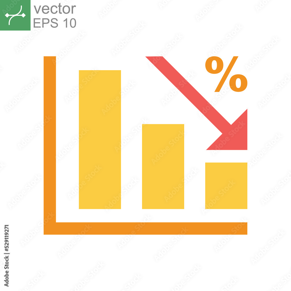 Poster flat design style tax percentage decrease icon. analytics chart statistic with arrow decrease progre