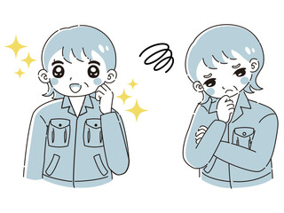 ときめきの表情と困っている表情の作業着を着たシニア女性　イラストセット
