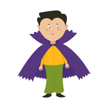 A boy in a Dracula costume for Halloween. Vector illustration in flat style. Costumed childrens party.
