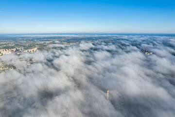 Aerial autumn beautiful fog view of Vilnius, Lithuania