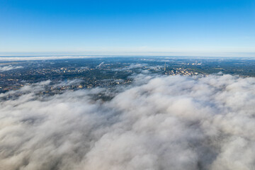 Aerial autumn beautiful fog view of Vilnius, Lithuania
