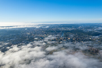 Obraz premium Aerial autumn beautiful fog view of Vilnius, Lithuania