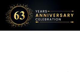 63 years anniversary celebration with gold fireworks and circle frames on black background. Premium design for weddings, greetings card, happy birthday, poster, graduation, invitation card, banner.