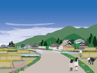 農村の稲刈り風景