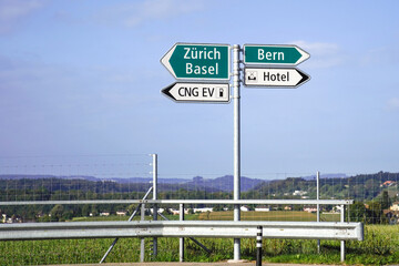 Traffic signs pointing the way to Zurich and to Bern, Switzerland, taken on September 15, 2018.
