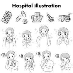 病院イメージのアイコンと医師・看護師の人物セット
