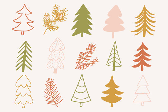 set of hand draw christmas tree elements