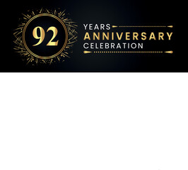 92 years anniversary celebration with gold fireworks and circle frames on black background. Premium design for weddings, greetings card, happy birthday, poster, graduation, invitation card, banner.