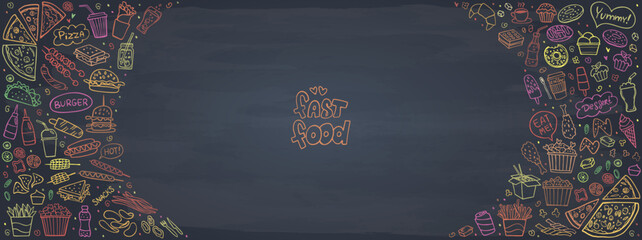 Banner of Set fast food doodles on chalkboard. Vector illustration. Perfect for menu or food package design.