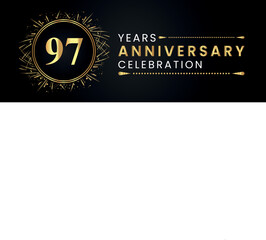 97 years anniversary celebration with gold fireworks and circle frames on black background. Premium design for weddings, greetings card, happy birthday, poster, graduation, invitation card, banner.