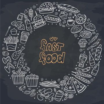 Set of fast food doodles on chalkboard. Vector illustration. Perfect for menu or food package design.
