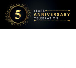 5 years anniversary celebration with gold fireworks and circle frames on black background. Premium design for weddings, greetings card, happy birthday, poster, graduation, invitation card, banner.