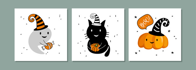 Fototapeta na wymiar Halloween card set. Baby cards collection. Three cards with nice good-natured ghosts, black cat, pumpkin. Cards set for happy Halloween party. Funny Happy Halloween flat cartoon vector Illustration