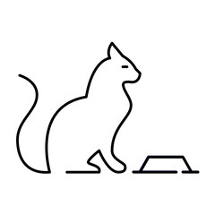 Cat sitting in front of a food bowl. Pet supplies icon. Pixel perfect, editable stroke line 