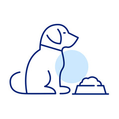 Dog sitting in front of a bowl full of food. Pet supplies icon. Pixel perfect, editable stroke line art