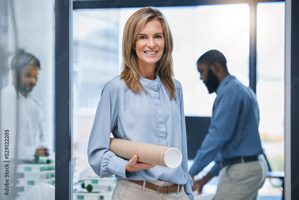 Poster Architecture, woman and engineer with blueprint of building floor plan, architectural and project development in the office. Happy, smile and engineering designer working on a smart and creative idea