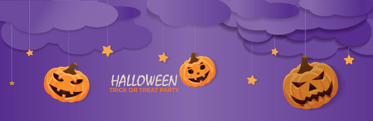 Happy Halloween party invitation background with purple night clouds and pumpkins. vector illustration. Place for text