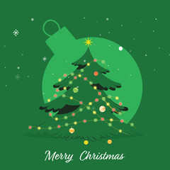 Merry Christmas Poster Design With Decorative Xmas Tree On Green Bauble Background.