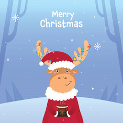 Merry Christmas Celebration Poster Design With Cartoon Reindeer Wearing Santa Hat And Enjoying Hot Beverage on Snowfall Background.