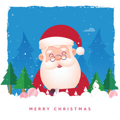Merry Christmas Greeting Card With Cute Santa Claus, Snowman, Paper Cut Baubles, Xmas Trees On Blue And White Background.