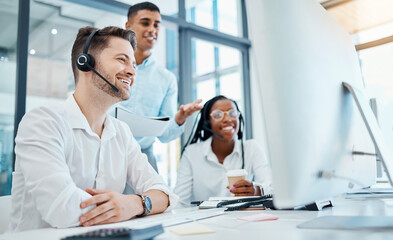 CRM, call center and telemarketing or about us team during training or coaching with manager on computer in office. Collaboration, teamwork and diversity at customer support agency with good feedback