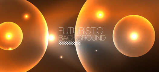 Shiny neon geometric abstract background. Glowing lights on round shapes, triangles and circles. Wallpaper for concept of AI technology, blockchain, communication, 5G, science, business