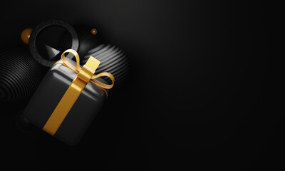 3D Render Of Gift Box With Sphere Or Balls And Copy Space On Black Background.