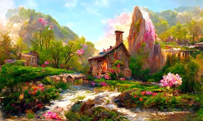 A cozy stone village house on the river bank. Rural beautiful landscape with grass, flowers and trees. Digital painting illustration.