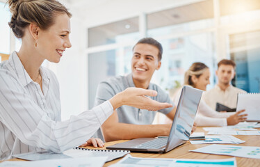 Marketing, smile with business people working on laptop in advertising, strategy or review planning...
